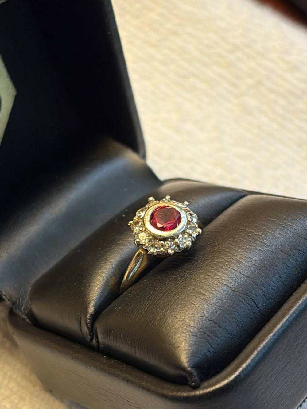 Antique 14K Yellow Gold Synthetic Ruby and Diamond Ring Sz 7